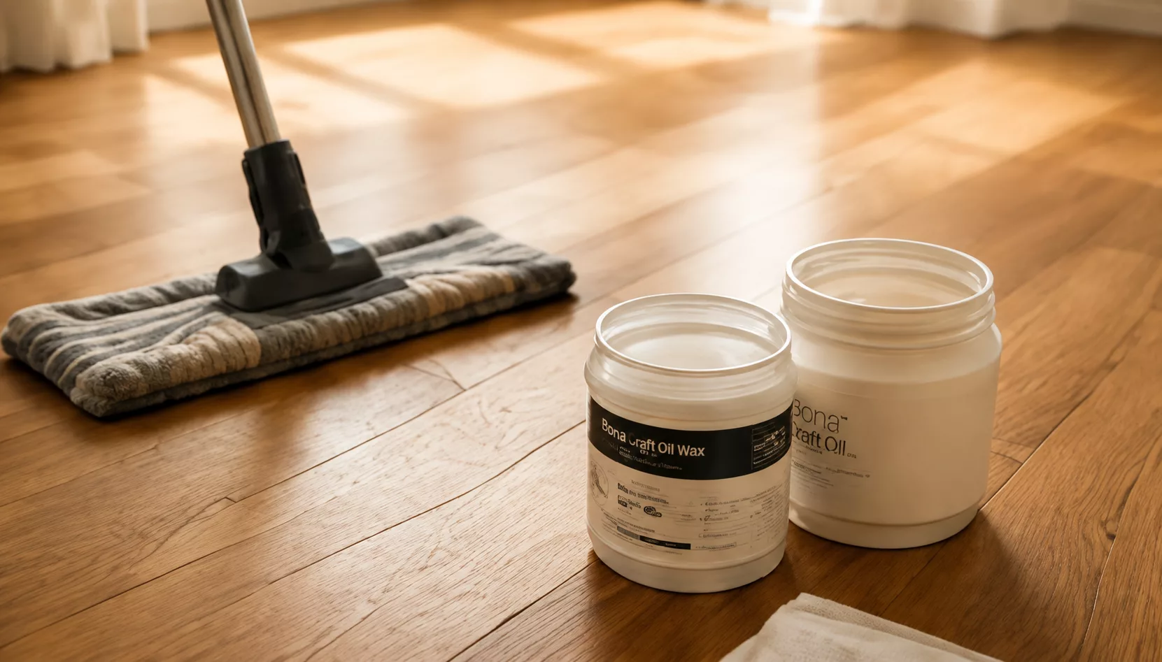 Savon naturel pour parquet, brosse douce et chiffon posés sur un parquet en chêne
