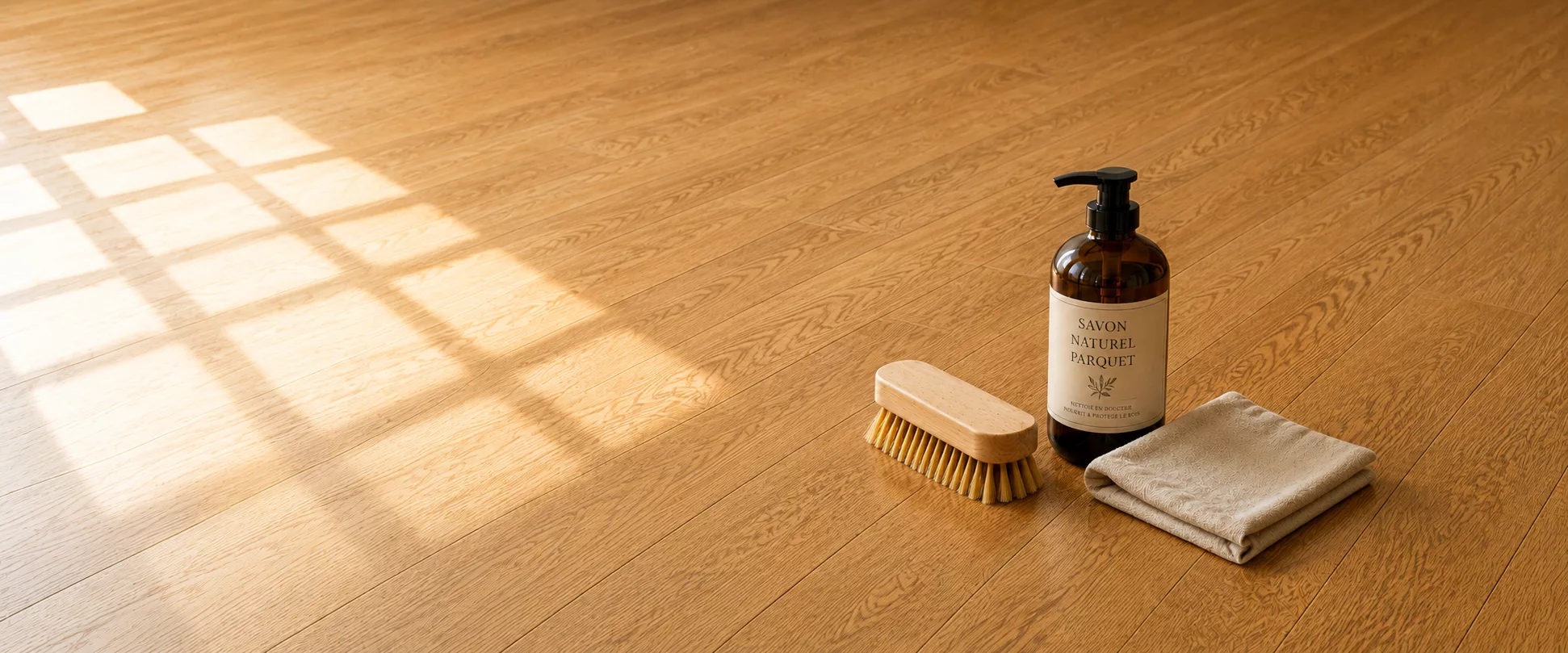 Savon naturel, brosse et chiffon posés sur un parquet en chêne