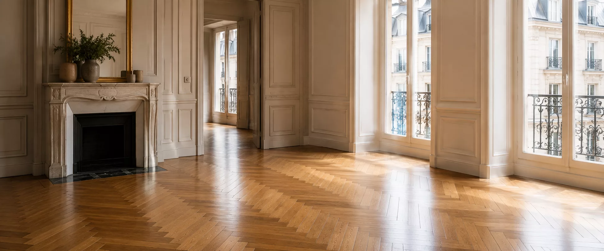 Parquet en chevrons dans un appartement parisien, atelier La Mesure du Bois
