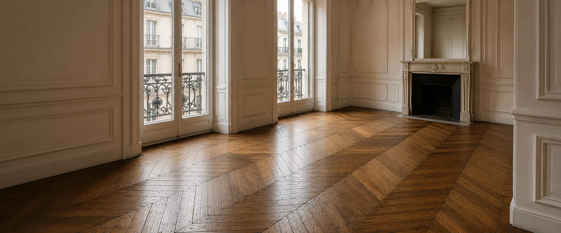 Appartement haussmannien parisien avec parquet ancien en chevrons, moulures et cheminée en marbre