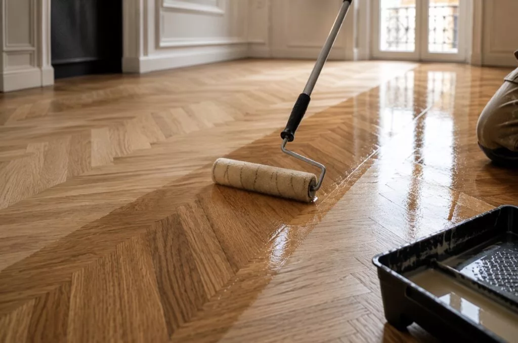 Application d'une finition sur un parquet en chêne