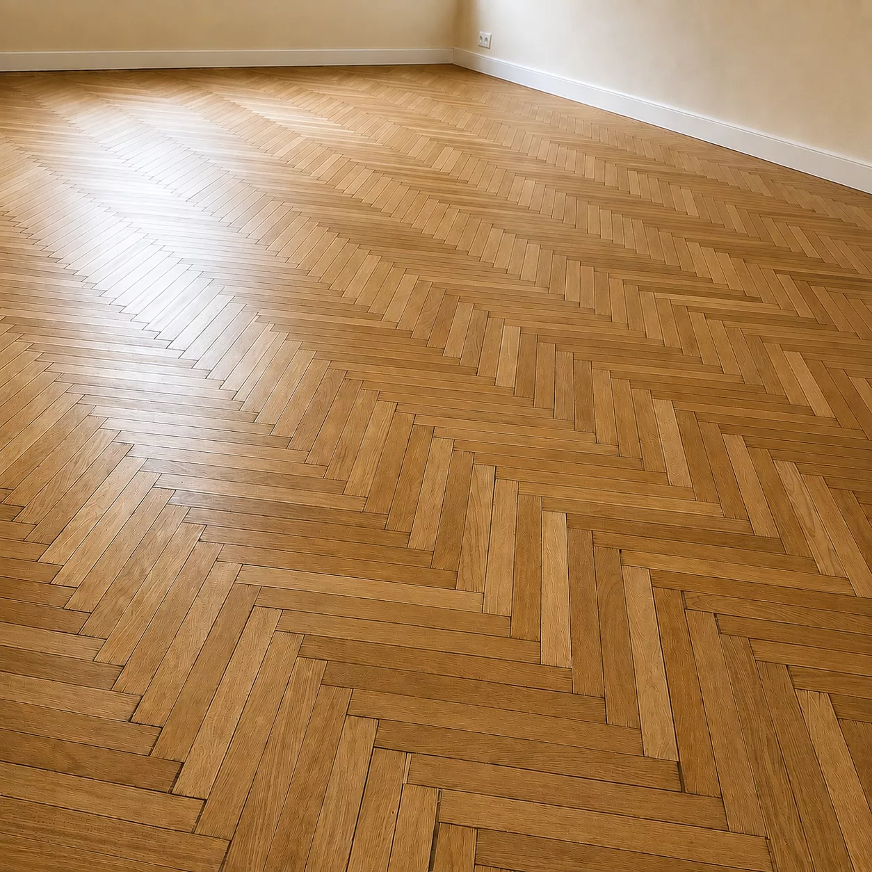 Parquet ancien en chevrons, nuances et veinage du chêne