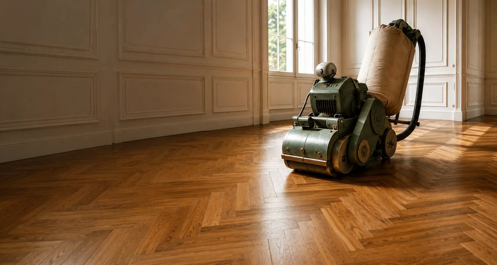 Ponçage de parquet en chevron à la ponceuse