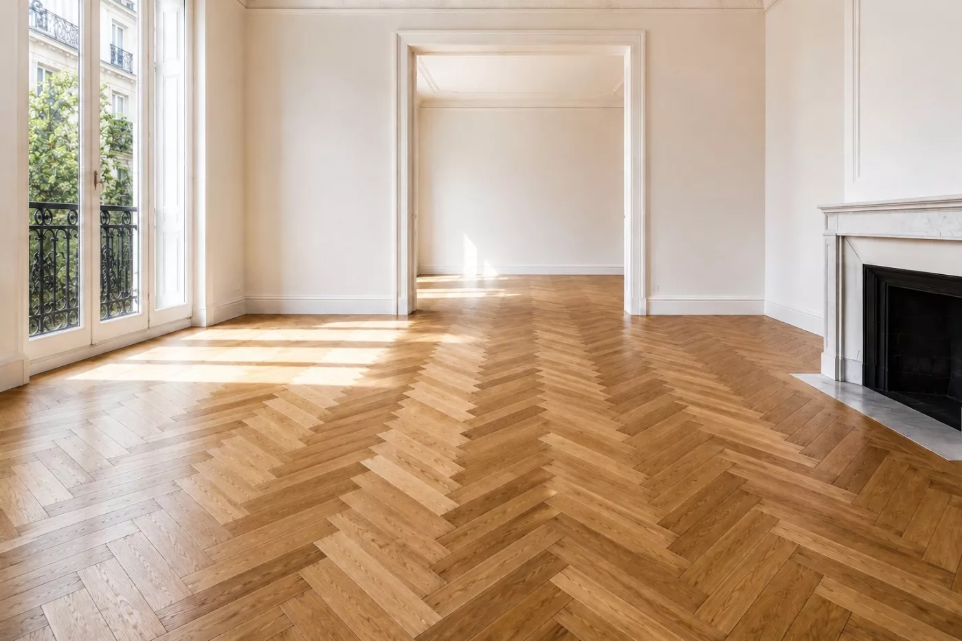 Parquet en chevron restauré, finition huilée